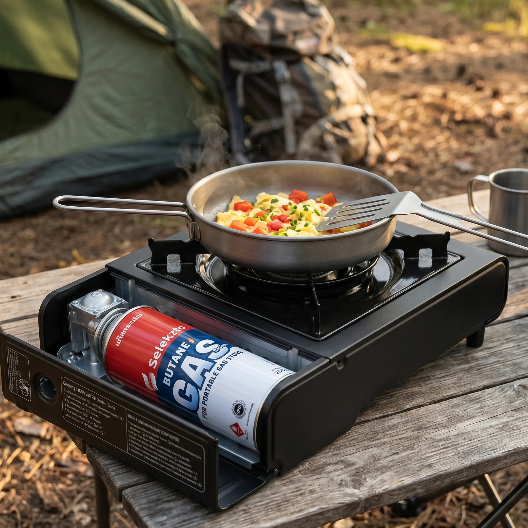 Selekzto gas canister connected to a camping stove cooking a meal outdoors