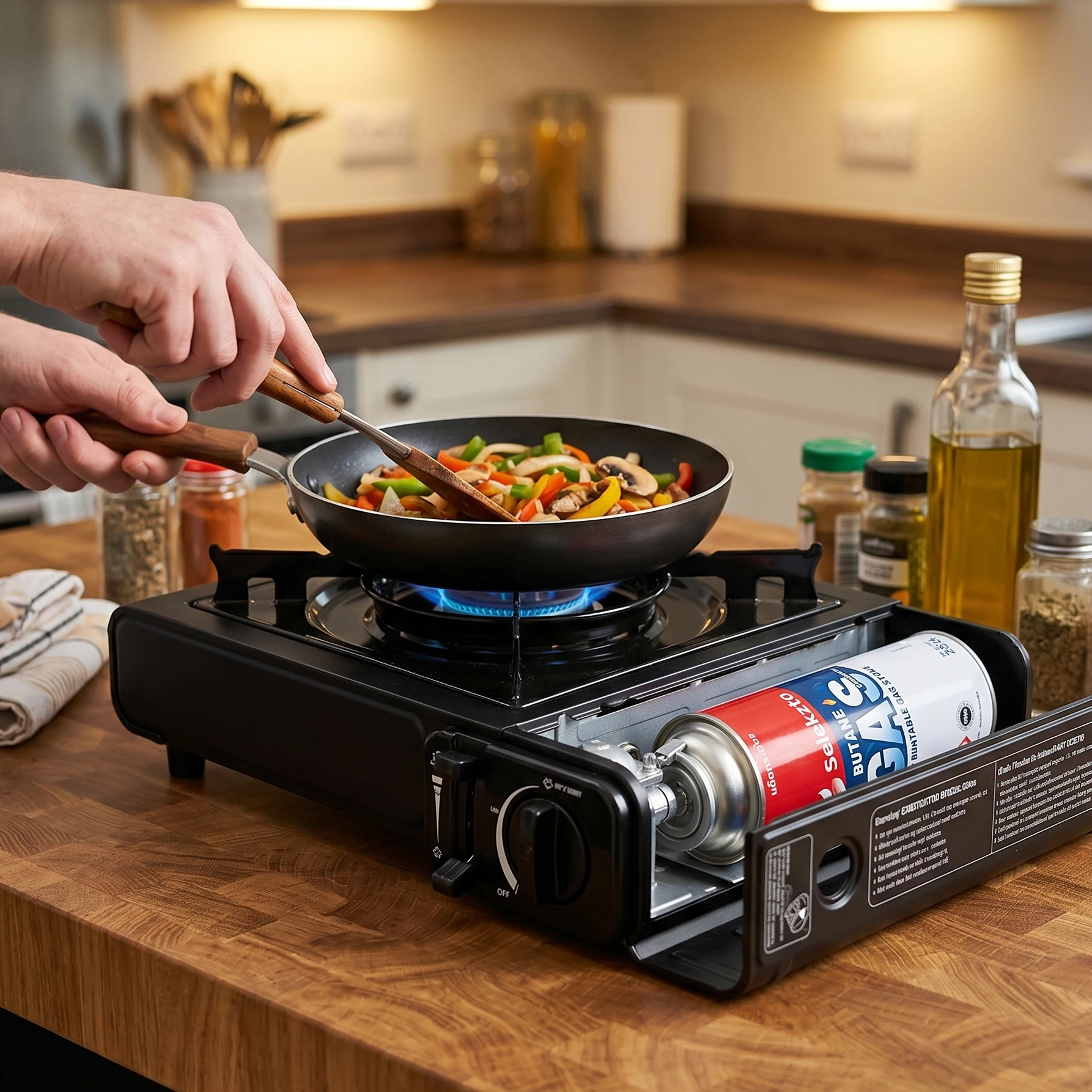 Family grilling in the garden with a portable gas stove and a Selekzto gas canister