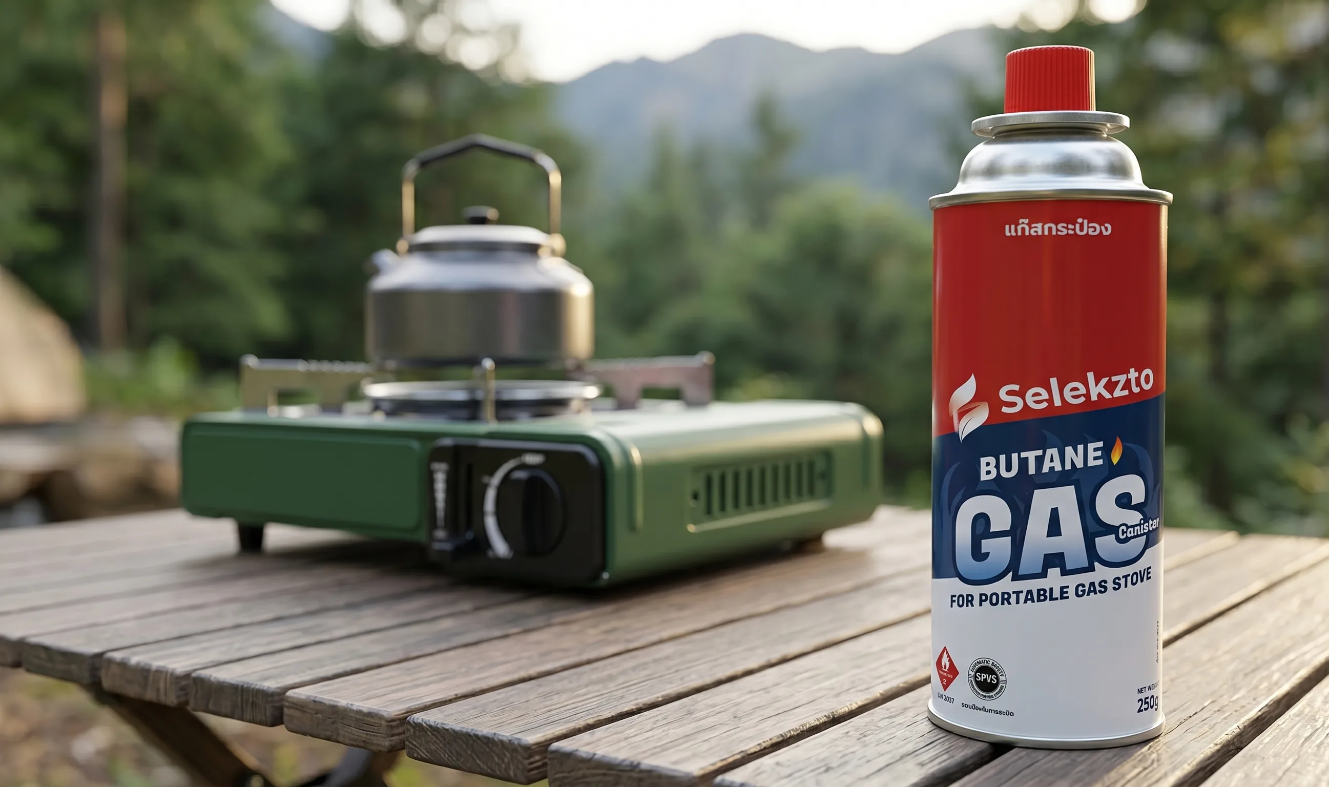 Selekzto gas canister fitted in a portable gas stove on a minimalist kitchen counter